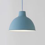 Colorful iron pendant light fixture by DEMOLIGHTS with a vibrant blue finish, hanging from a ceiling with visible mounting hardware.