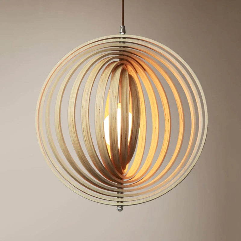 Handcrafted wood round globe pendant lampshade by DEMOLIGHTS, showcasing a natural wooden globe design for stylish lighting.