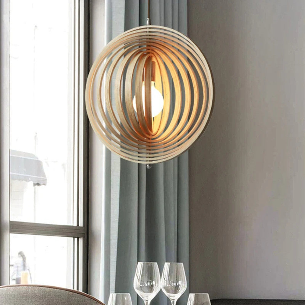 Handcrafted natural wood round globe pendant lampshade by DEMOLIGHTS, showcasing a warm wooden finish and spherical design.