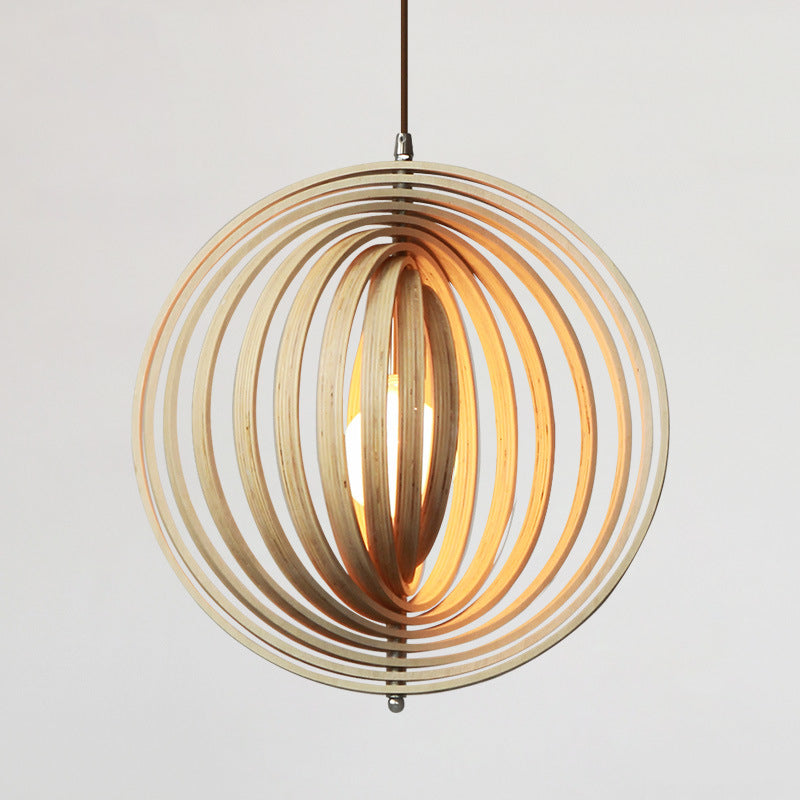 Handcrafted natural wood round globe pendant lampshade by DEMOLIGHTS, showcasing a warm, rustic design for modern interior lighting.