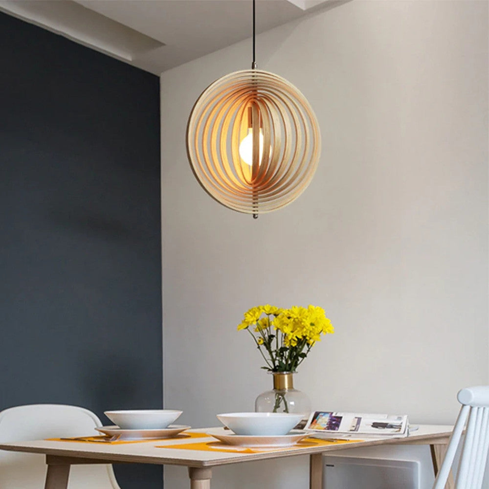 Handcrafted natural wood round globe pendant lampshade from DEMOLIGHTS, showcasing a warm, rustic wooden design for pendant lighting.