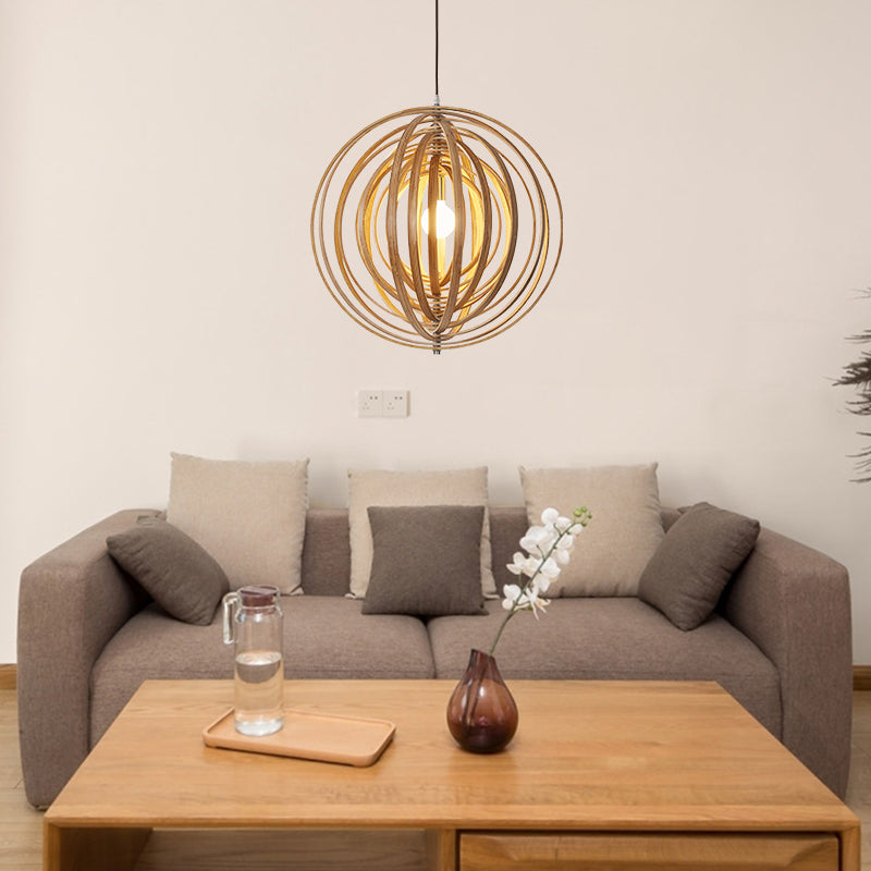 Handcrafted natural wood round globe pendant lampshade by DEMOLIGHTS, showcasing warm wood grain and smooth spherical design for modern lighting.