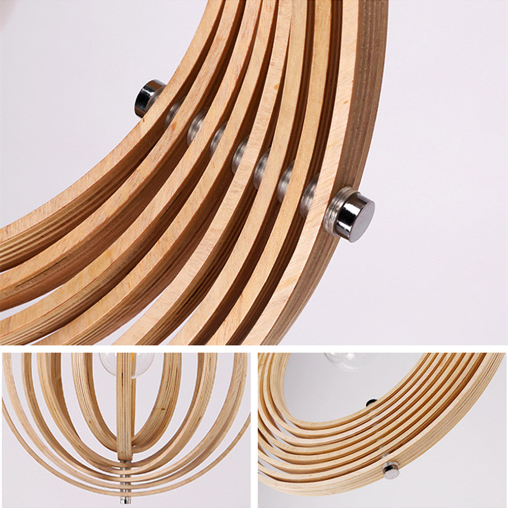 Handcrafted natural wood round globe pendant lampshade by DEMOLIGHTS, showcasing its warm wood finish and spherical design.