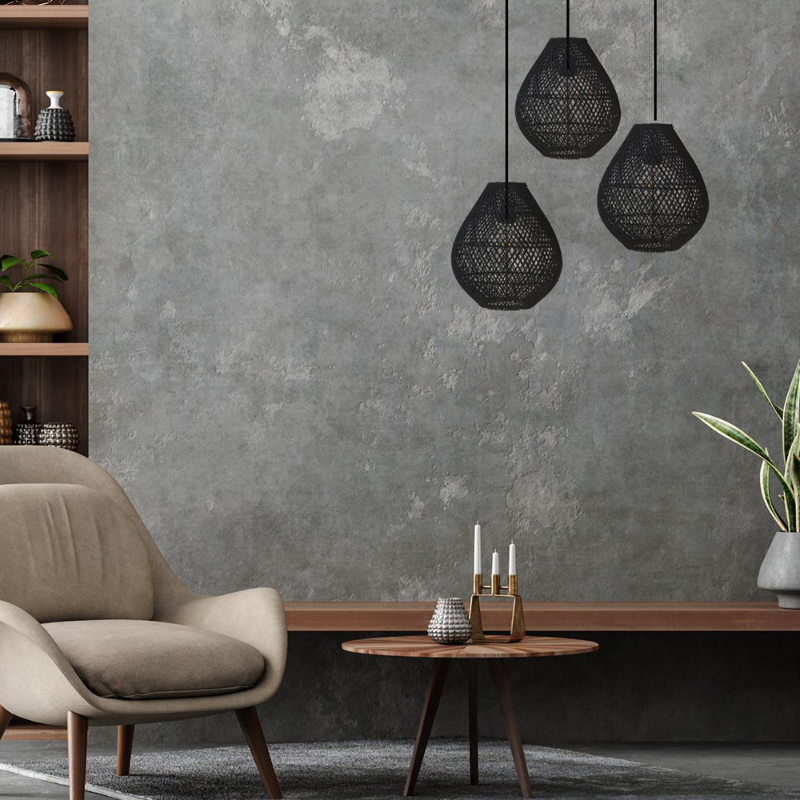 Handwoven black rattan pendant light from DEMOLIGHTS, showcasing a classic farmhouse style with intricate weaving and a rounded shade.