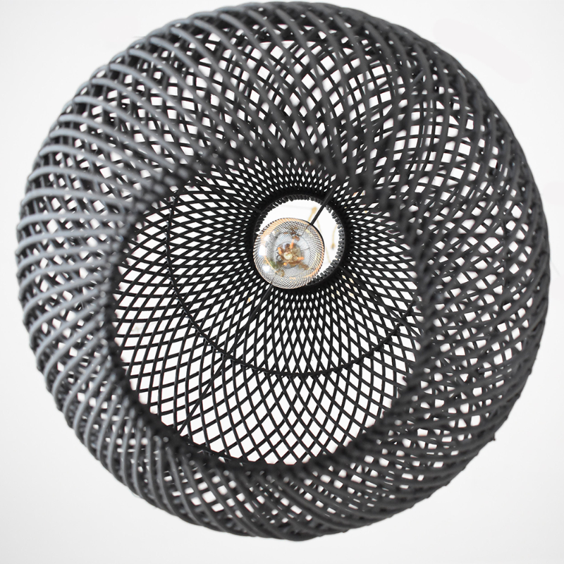 Black rattan handmade pendant light by DEMOLIGHTS featuring a classic farmhouse design, hanging with a woven rattan shade.