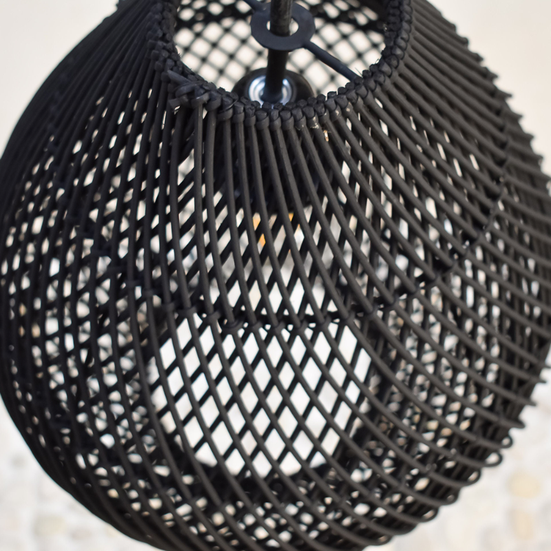 Black rattan farmhouse pendant light by DEMOLIGHTS, handcrafted handwoven design with a modern rustic style.