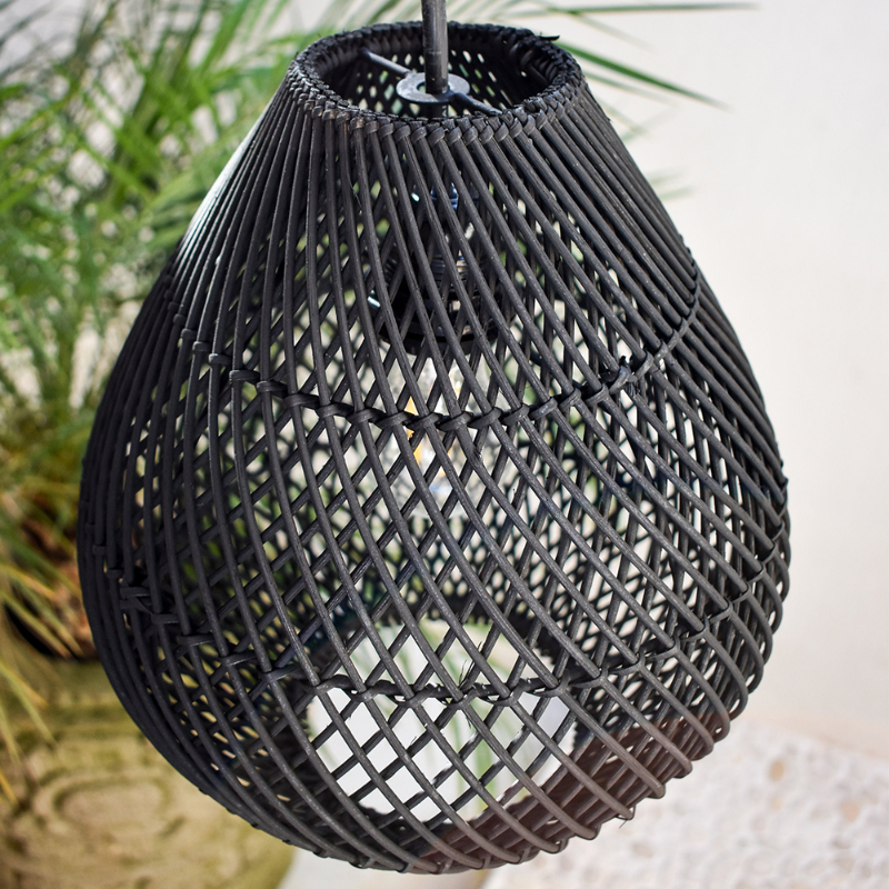 Black rattan handmade pendant light from DEMOLIGHTS with a classic farmhouse design, featuring woven rattan detailing.