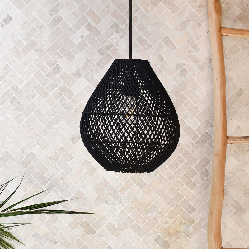 Handwoven black rattan pendant light by DEMOLIGHTS, showcasing a classic farmhouse style with intricate weaving details.