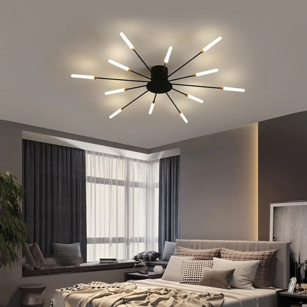 Modern DEMOLIGHTS LED chandelier pendant light fixture hanging from ceiling with sleek design and multiple LED bulbs.