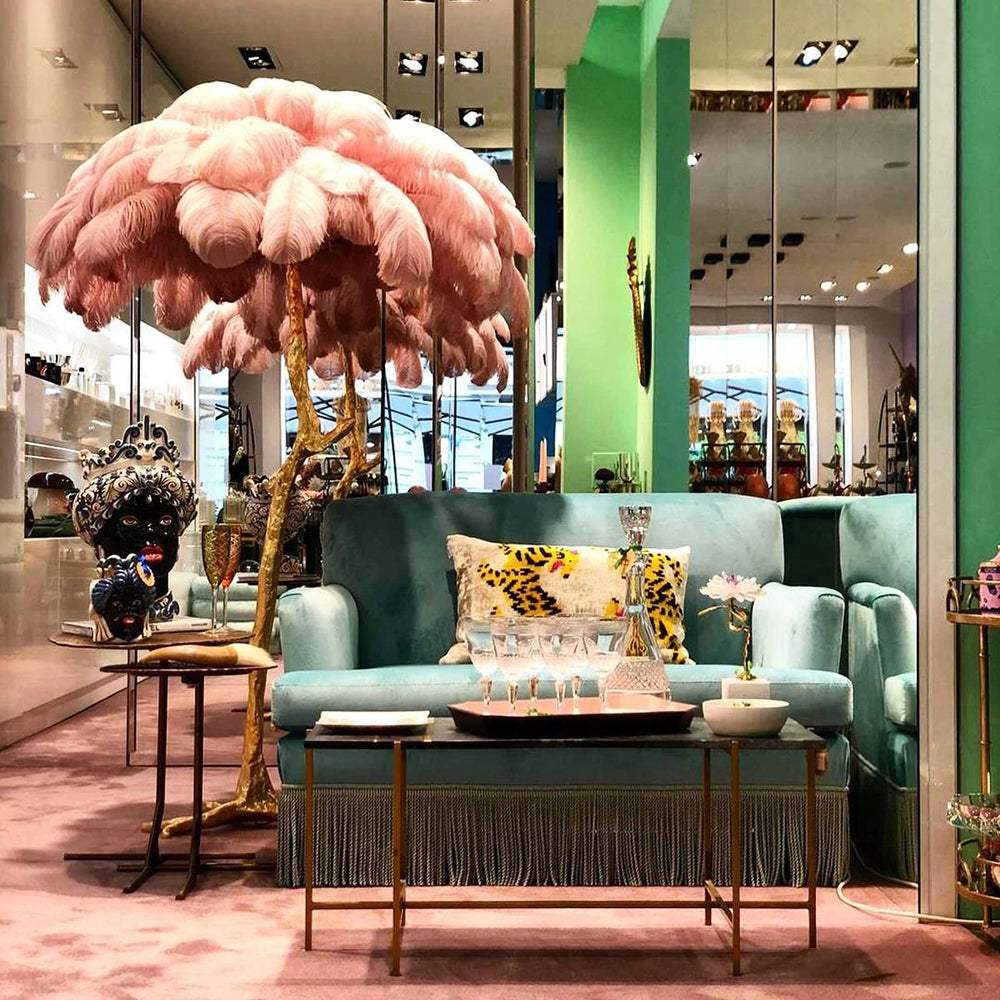 Luxury DEMOLIGHTS ostrich feather brass floor lamp with elegant feather shade and sleek brass base, modern floor lighting fixture.