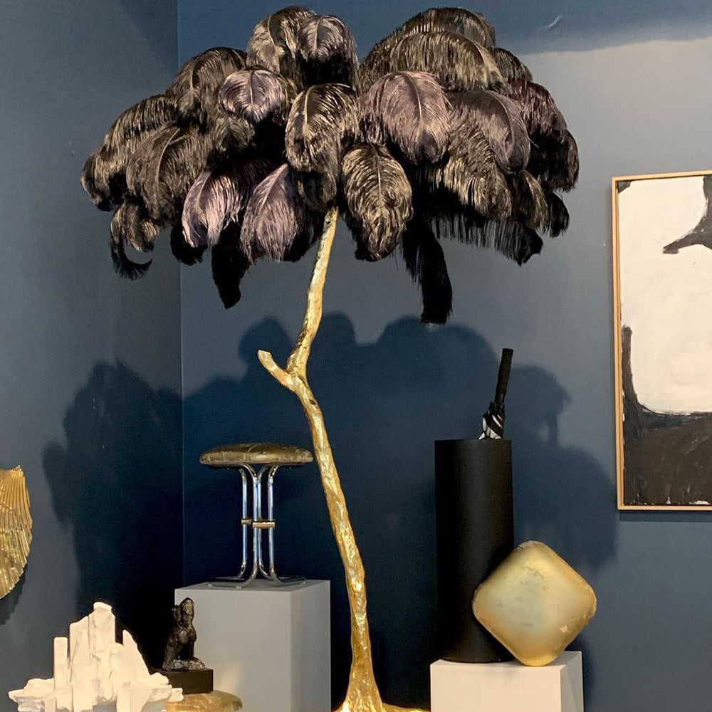 Luxury DEMOLIGHTS Ostrich Feather Brass Floor Lamp with elegant feather shade and polished brass base.