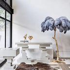Luxury DEMOLIGHTS ostrich feather brass floor lamp with elegant feather shade and polished brass base, modern floor lighting design