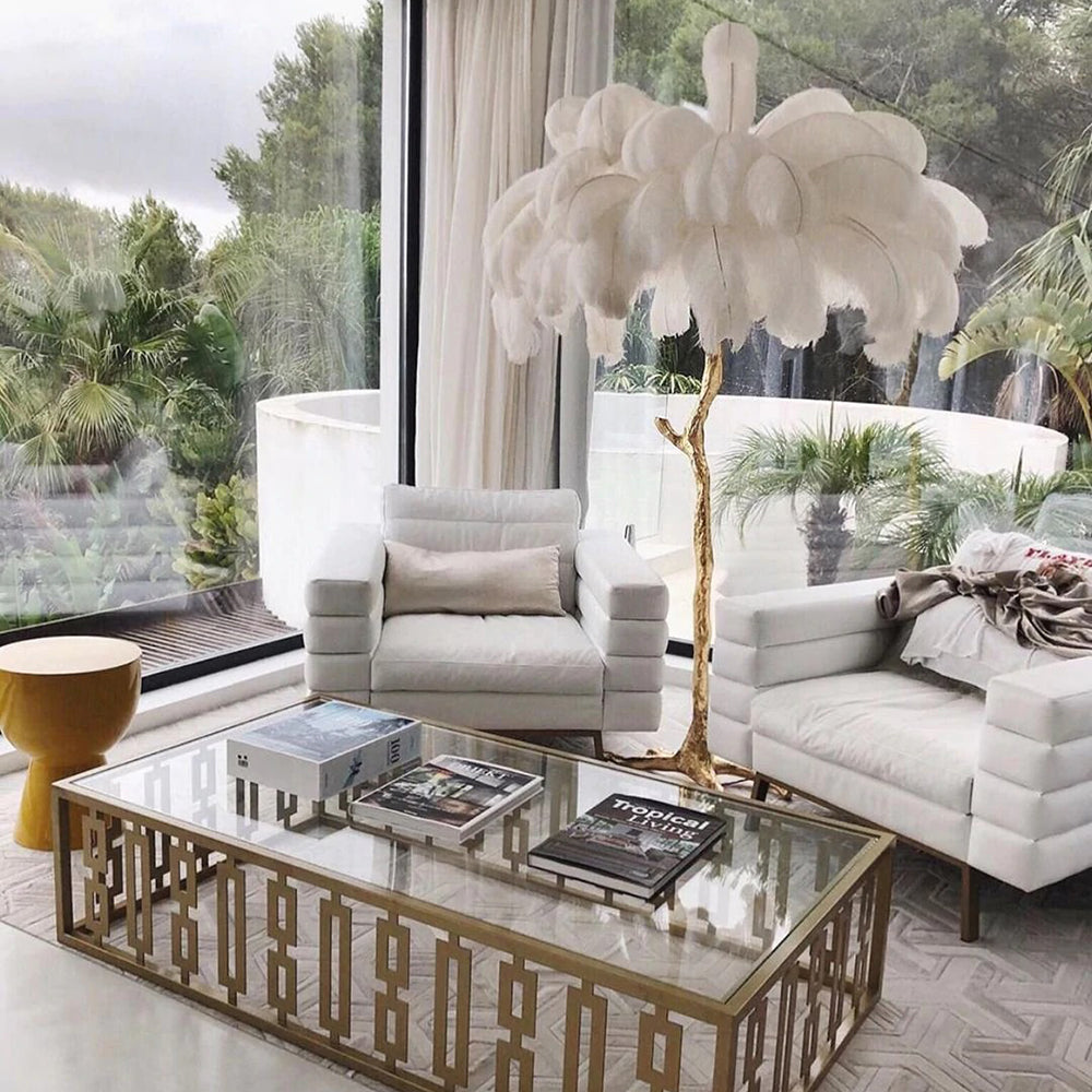 Elegant DEMOLIGHTS luxury ostrich feather brass floor lamp with a tall, stylish design and feathered shade for sophisticated lighting.