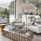 Elegant DEMOLIGHTS luxury ostrich feather brass floor lamp with a tall, stylish design and feathered shade for sophisticated lighting.
