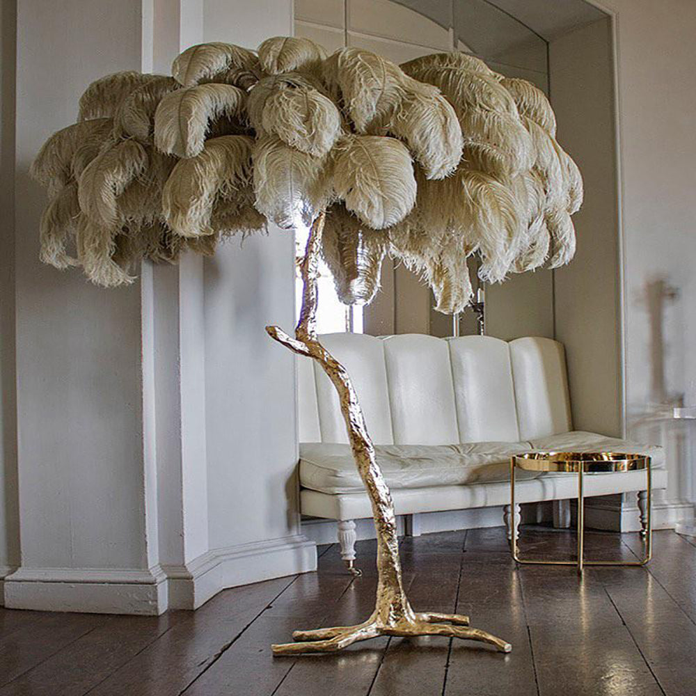 Luxury DEMOLIGHTS ostrich feather brass floor lamp with elegant feather shade and polished brass stand, modern lighting design.