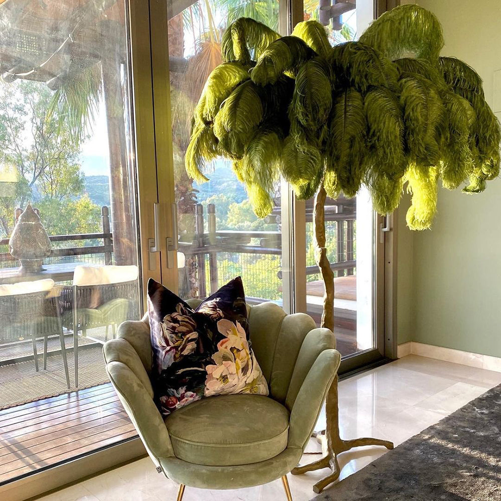 Luxury DEMOLIGHTS ostrich feather brass floor lamp with a tall stand and elegant feather shade, modern lighting for living spaces