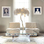 Luxury DEMOLIGHTS ostrich feather brass floor lamp with tall, elegant design and intricate feather details in a modern living space.