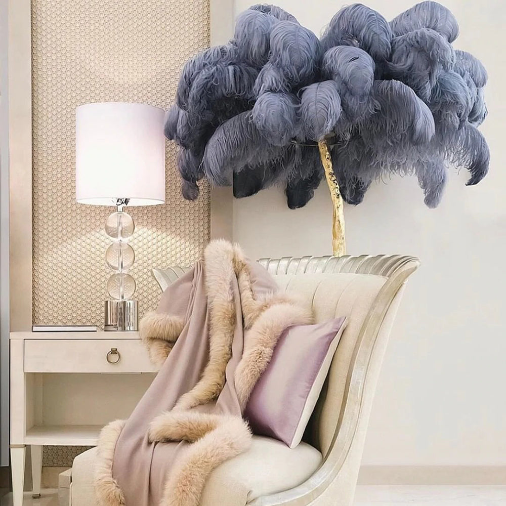 Luxury DEMOLIGHTS ostrich feather brass floor lamp with elegant design and tall stand, perfect for modern living spaces.