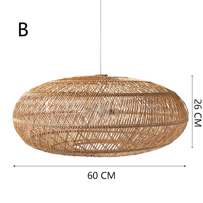 Rattan woven basket pendant lamp shade by DEMOLIGHTS, featuring a natural wicker design for rustic interior lighting.