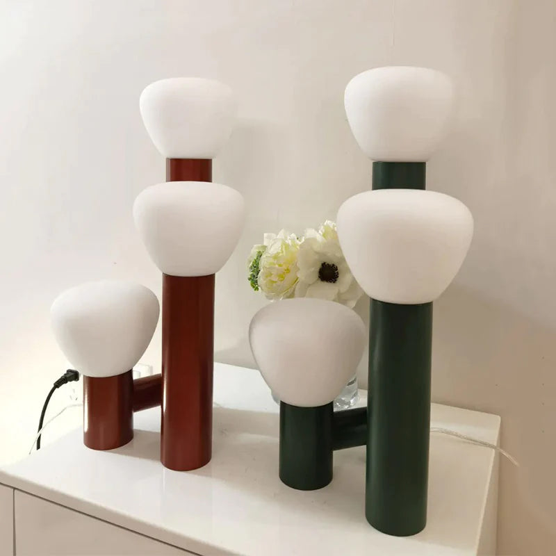 DEMOLIGHTS minimalist 3-light table lamp with red, green, and white shades, modern design perfect for contemporary home decor