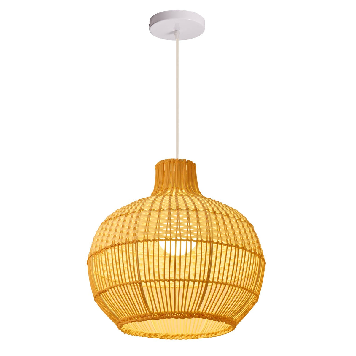 Handwoven rattan pendant light by DEMOLIGHTS hanging above a kitchen island, boho ceiling lamp with intricate woven design.