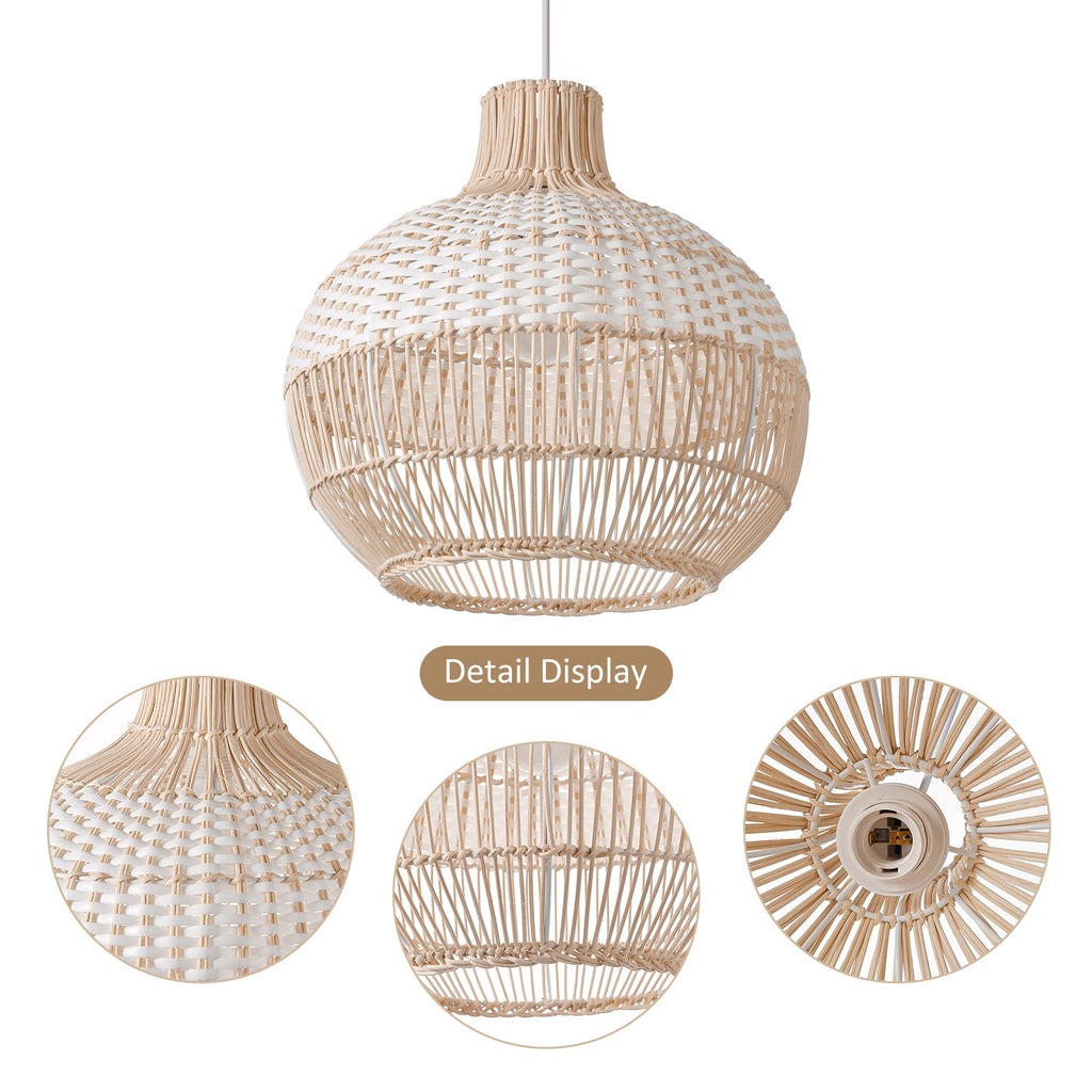 Handwoven rattan pendant light by DEMOLIGHTS hanging over a kitchen island, boho style ceiling lamp with intricate weaving.