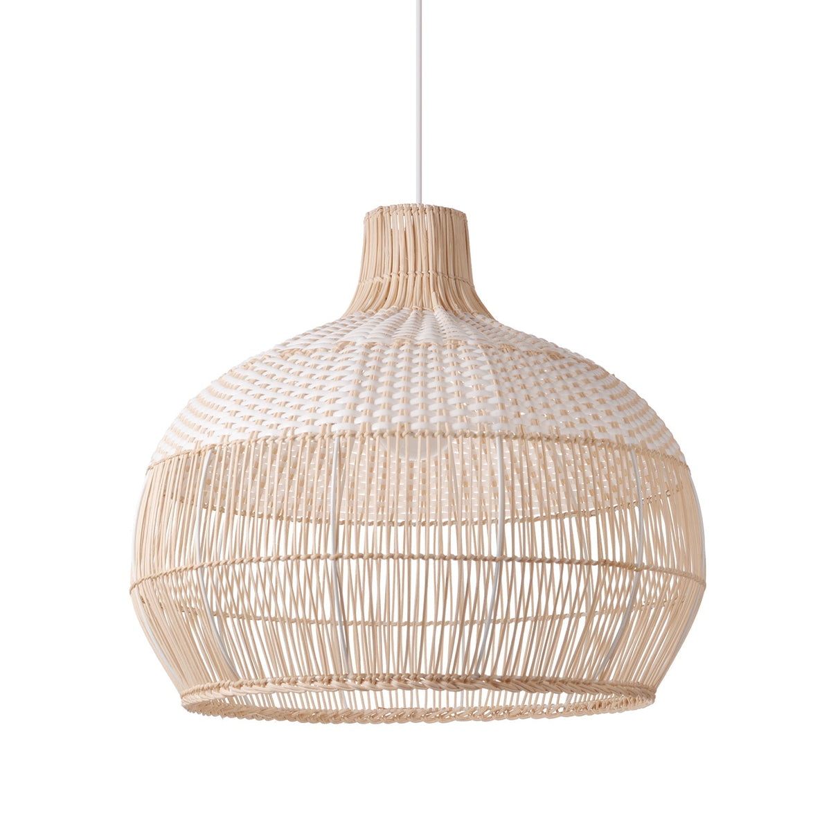 Handwoven rattan pendant light by DEMOLIGHTS, boho ceiling lamp hanging above a kitchen island with a warm, natural finish.