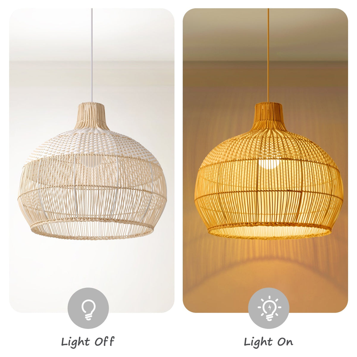 Handwoven rattan pendant light by DEMOLIGHTS, hanging above a kitchen island, showcasing a boho ceiling lamp with intricate weave details.