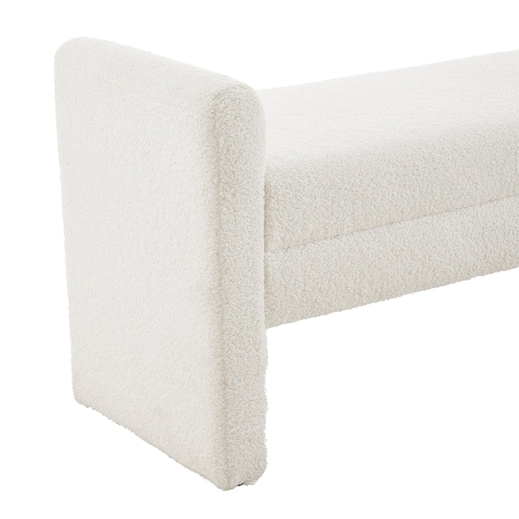 White teddy fleece upholstered bench by Garden Sanctuary with plush fabric and wooden legs, ideal for bedroom or living room decor.