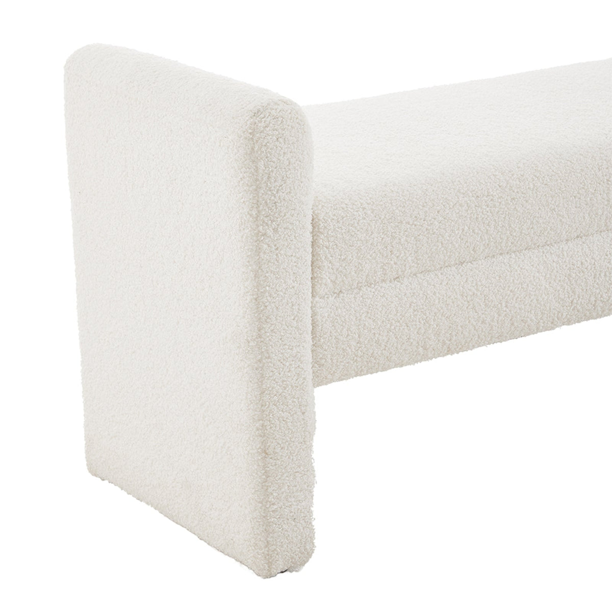 White teddy fleece upholstered bench by Garden Sanctuary with plush fabric and wooden legs, ideal for bedroom or living room decor.