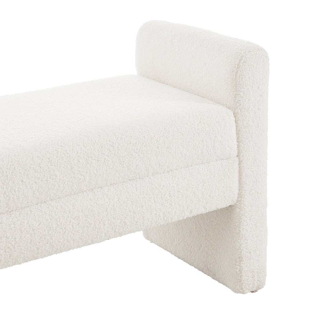 White teddy fleece upholstered bench by Garden Sanctuary, featuring a plush, cozy fabric and sturdy wooden legs.