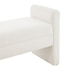 White teddy fleece upholstered bench by Garden Sanctuary, featuring a plush, cozy fabric and sturdy wooden legs.