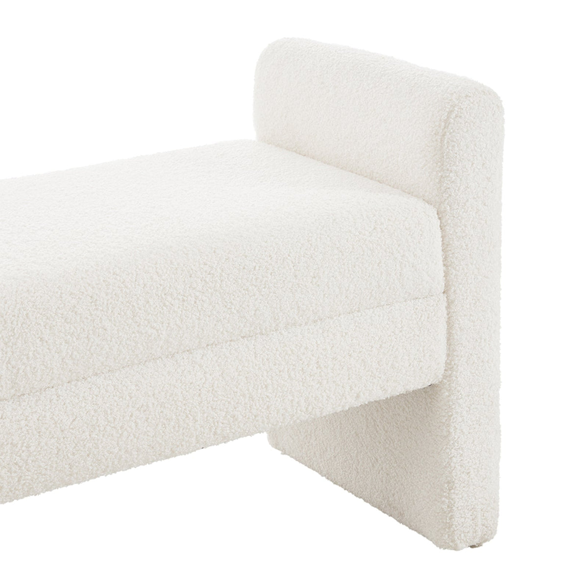White teddy fleece upholstered bench by Garden Sanctuary, featuring a plush, cozy fabric and sturdy wooden legs.