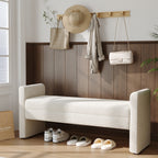 White teddy fleece upholstered bench by Garden Sanctuary with plush fabric and wooden legs, ideal for bedroom or living room decor.