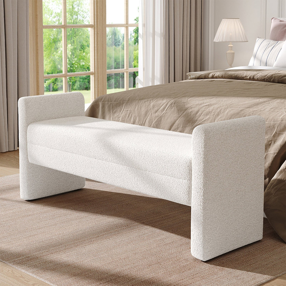 White Teddy Fleece Upholstered Bench by Garden Sanctuary with plush fabric and wooden legs, perfect for entryways or living rooms.