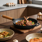 Round Cast Iron Frying Pan with Removable Wooden Handle