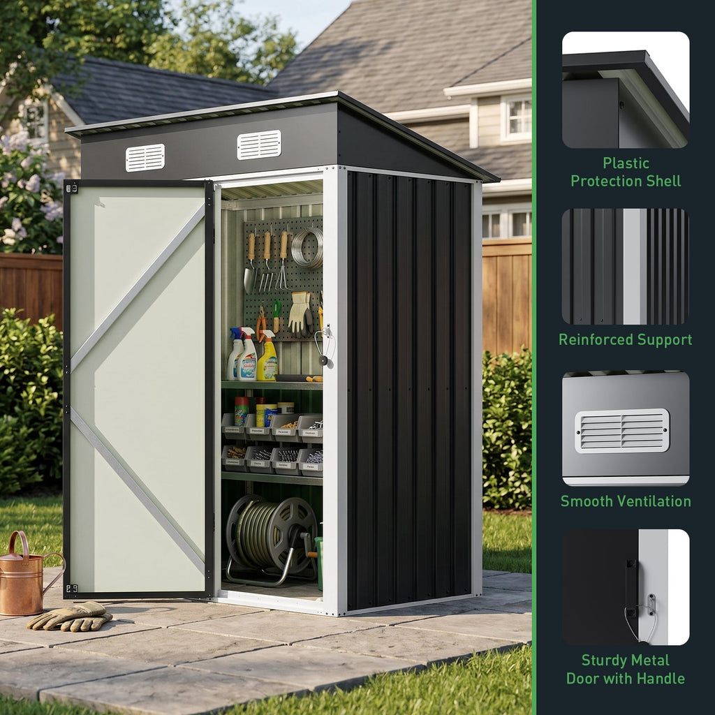5 x 3 ft Metal Garden Storage Shed with Pent Roof & Lockable Door