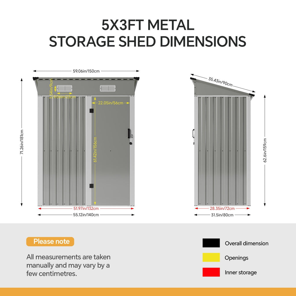 5 x 3 ft Metal Garden Storage Shed with Pent Roof & Lockable Door
