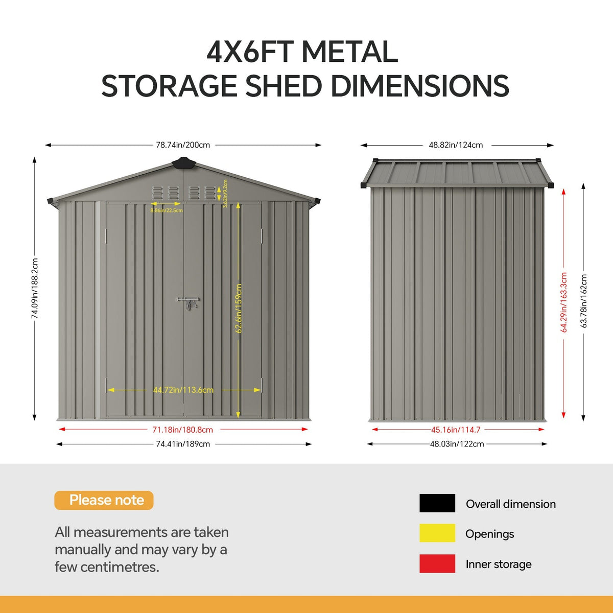 6 x 4 ft Metal Garden Storage Shed with Apex Roof & Double Doors