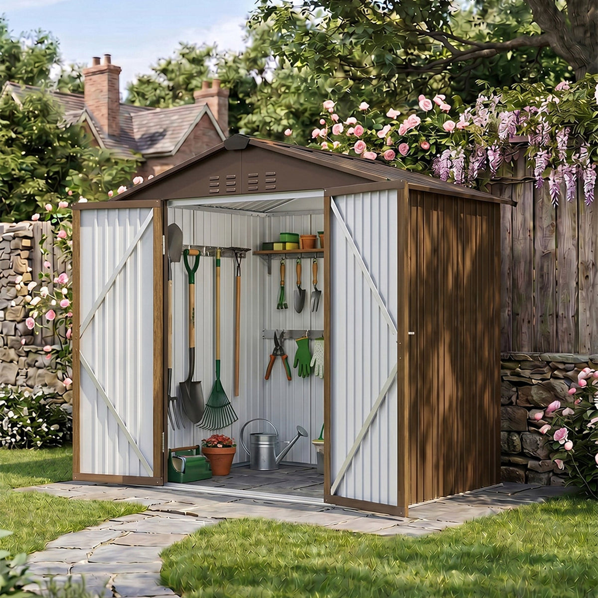 6 x 4 ft Metal Garden Storage Shed with Apex Roof & Lockable Double Doors