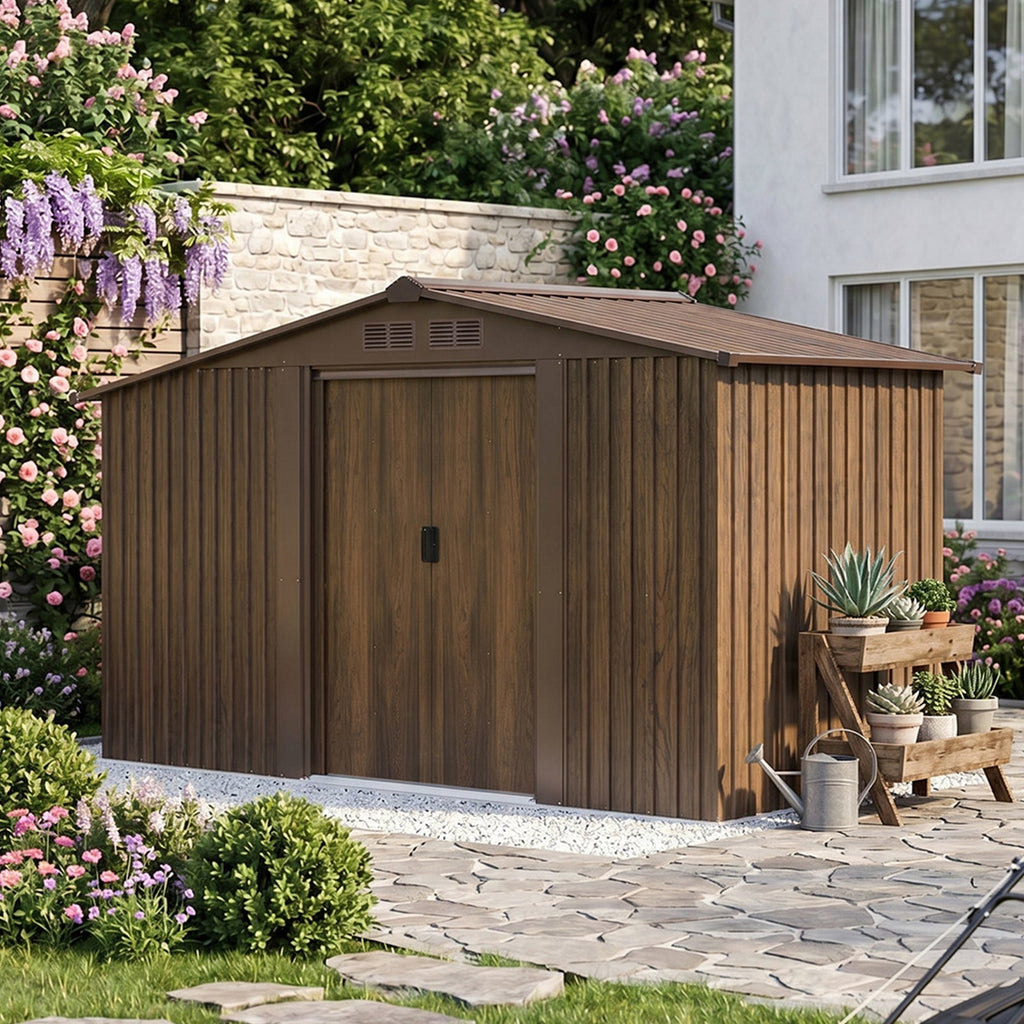 8 x 4 ft Metal Garden Storage Shed with Integrated Log Store & Apex Roof