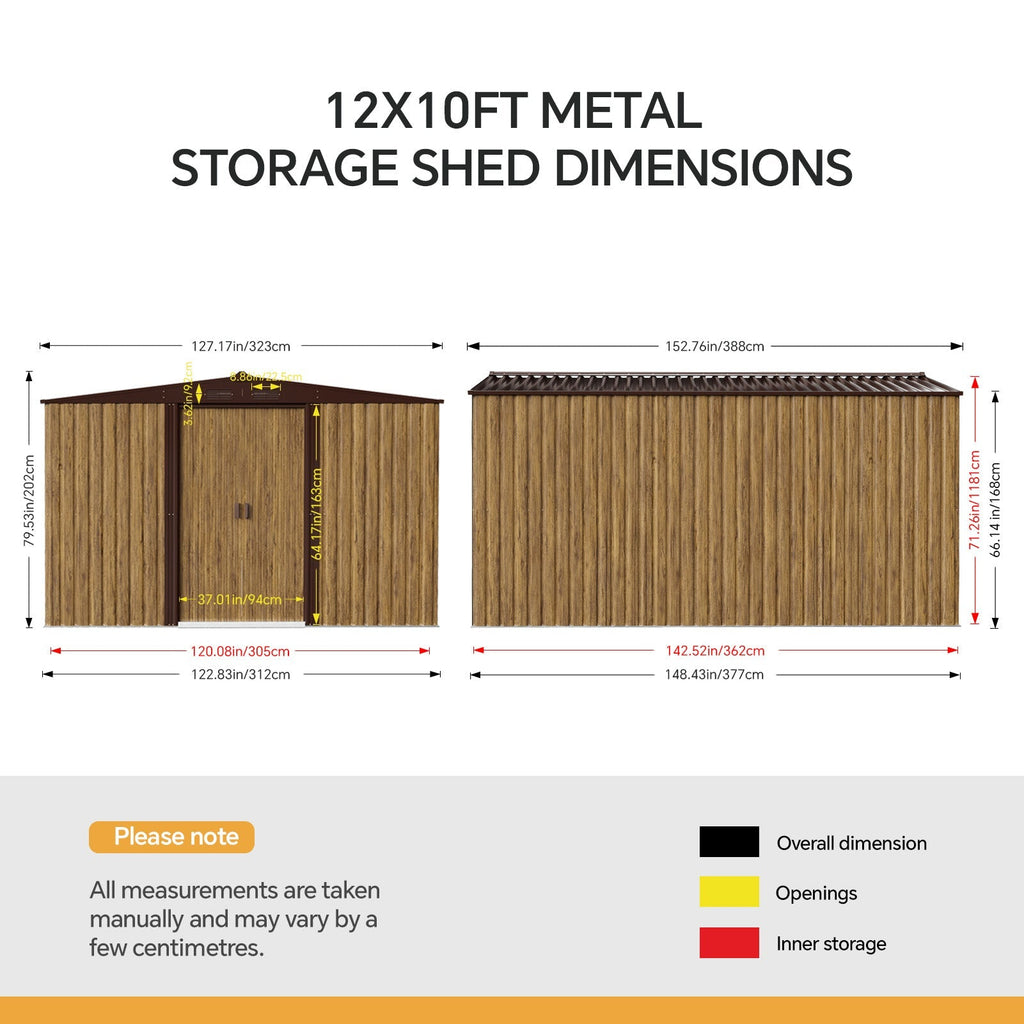 10 x 12 ft Metal Garden Storage Shed with Apex Roof & Sliding Door