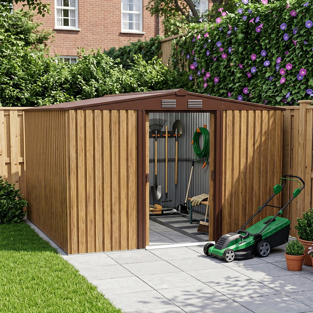 10 x 12 ft Metal Garden Storage Shed with Apex Roof & Sliding Door
