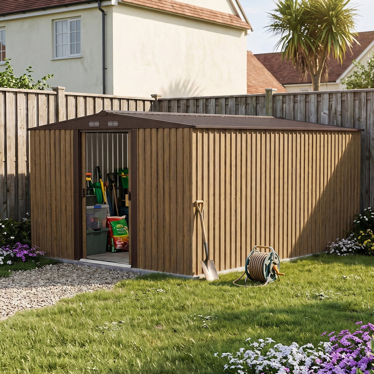 10 x 12 ft Metal Garden Storage Shed with Apex Roof & Sliding Door