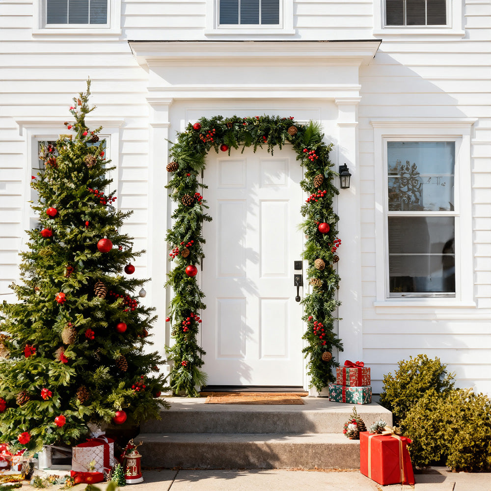 Christmas wreath with LED light string from Garden Sanctuary, decorated with evergreen foliage and festive ornaments.