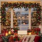 Christmas wreath with LED light string by Garden Sanctuary, festive holiday decoration featuring greenery and illuminated accents.