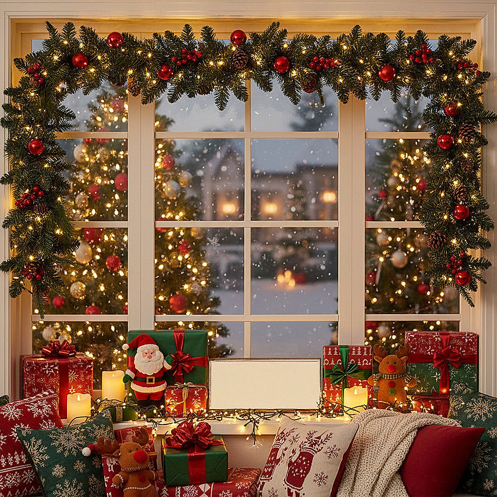 Christmas wreath with LED light string by Garden Sanctuary, festive holiday decoration featuring greenery and illuminated accents.