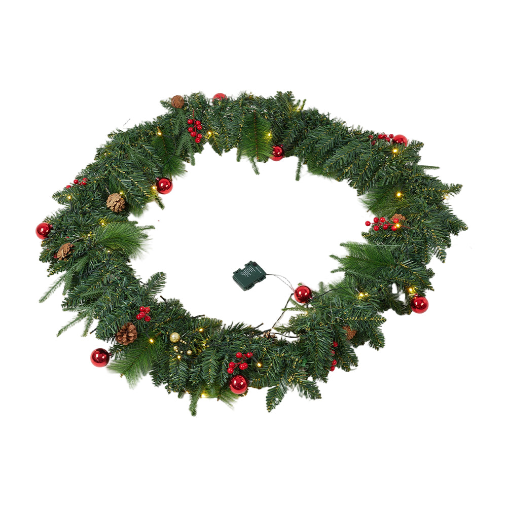 Christmas wreath with LED light string by Garden Sanctuary, decorated with evergreen foliage and festive accents.