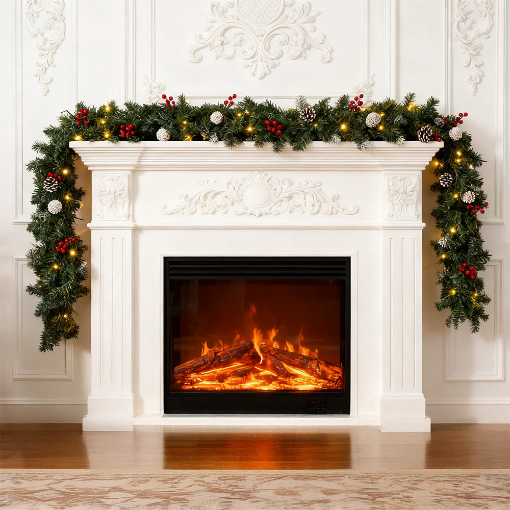 Garden Sanctuary Christmas wreath with LED light string, decorated with pinecones and ornaments, perfect for holiday decor.