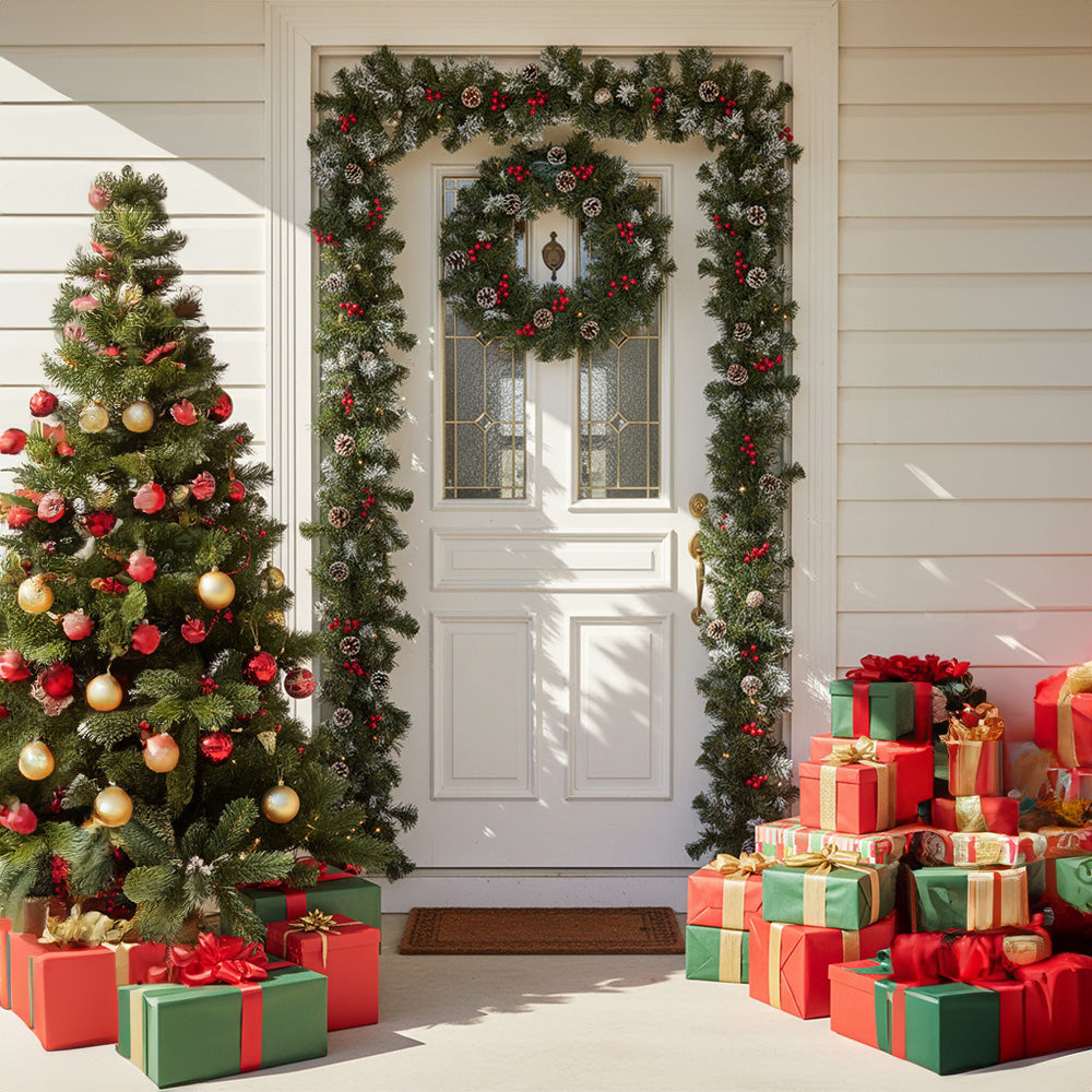 Garden Sanctuary Christmas wreath with LED light string, lush greenery and festive decorations for holiday decor.